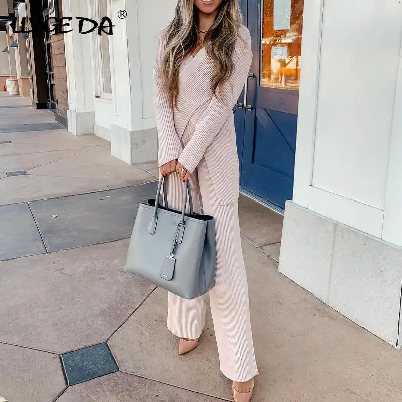 

Knitted Ribbed Wide Leg Women's suit Trousers Solid Criss-cross Collar Pullover Sets Fashion Autumn Winter Two piece Set Female