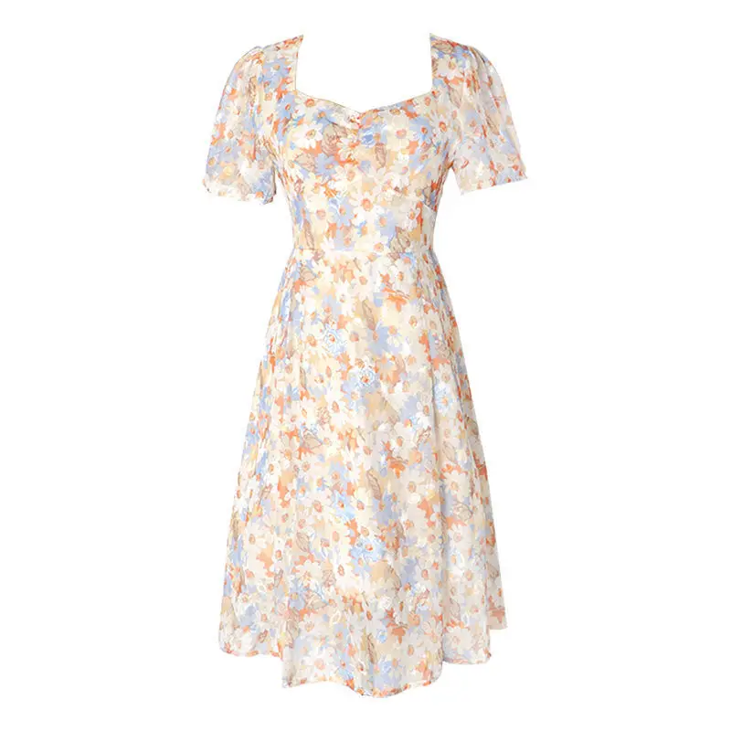 

Vintage Floral Dress Women Summer Puff Sleeve Square Collar Fairy Dress Female 2021 New Designer Midi Sundress Korean Clothing