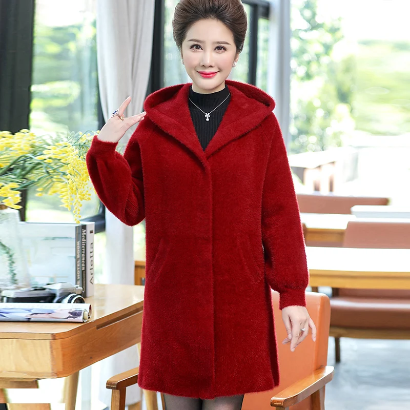 

Classic coat winter New Large size Mink cashmere sweater Women's coats Hooded Ladies Cashmere coat Middle age clothing 4XL 5XL