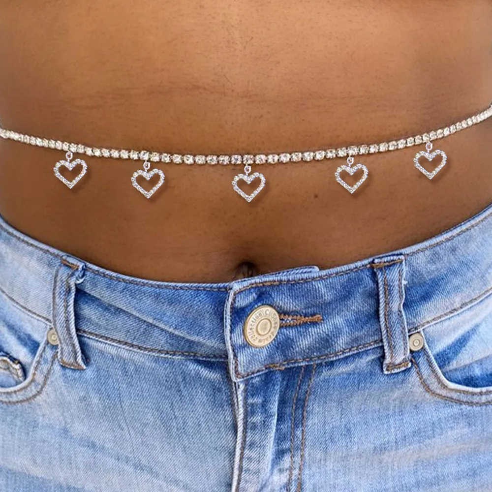 

Sexy Rhinestone Small Love Heart Pendant Waist Chain Belt Body Jewelry for Women Bling Crystal Charms Belly Body Chain Waistband