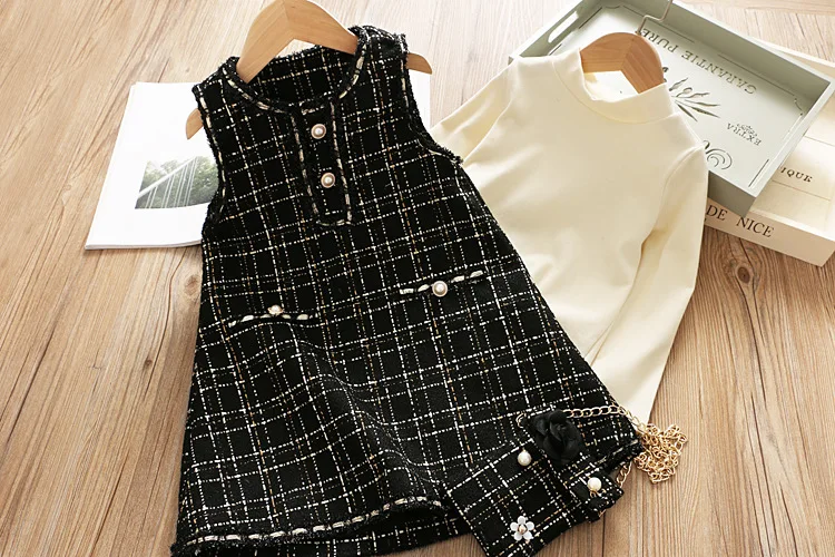 Коллекция года, Осенние комплекты для девочек топы и жилет, платье и сумка, комплекты из 3 предметов изысканные комплекты для детей модные повседневные клетчатые Костюмы Одежда для девочек