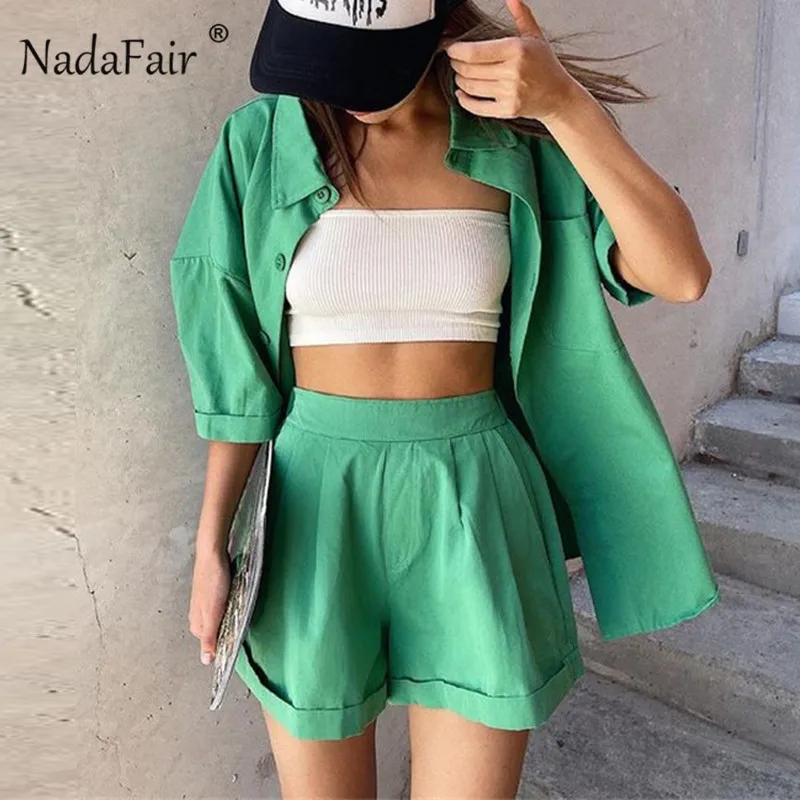 

Nadafair Summer Loung Wear Green Casual Shorts Set 2021 Short Sleeve Shirt Tops And Shorts Two Piece Set Outfits Women Tracksuit