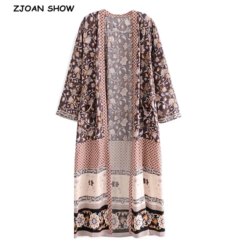 

2020 Women Bohemia V neck Location Pteris Flower Print Kimono Shirt BOHO Holiday Beach Long sleeve Long Cardigan Blouse Tops