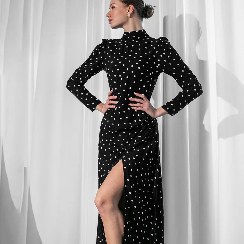 

Women Dress Dots Printed Black Long Sleeves Stand Collar Slpit Office Lady Vintage Elegant High Waist 2021 Spring Female Dresses