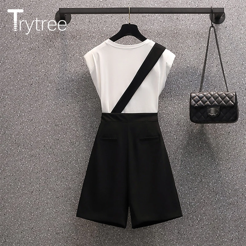 

Trytree Summer Women Two Piece Set Casual O-neck Printed Cotton T-shirt + Wide Legs Overalls Solid Shorts Fashion 2 Piece Set