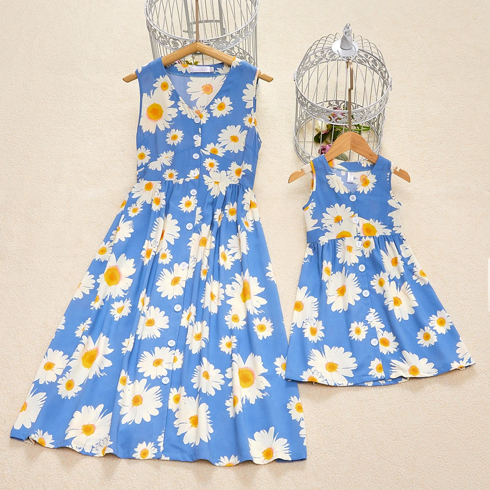 

PopReal Mom And Daughter Dress Summer Fashion Sleeveless Print V-Neck A-Line Skirt Mommy And Me Clothes Parent-Child Outfit