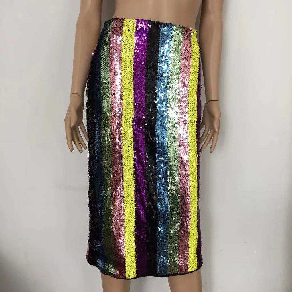 

Multicolor Sexy Sequined Skirt Fashion Women Striped Patchwork Split Hem Party High Waist Straight Skirts Mid-Calf Length 2021c5