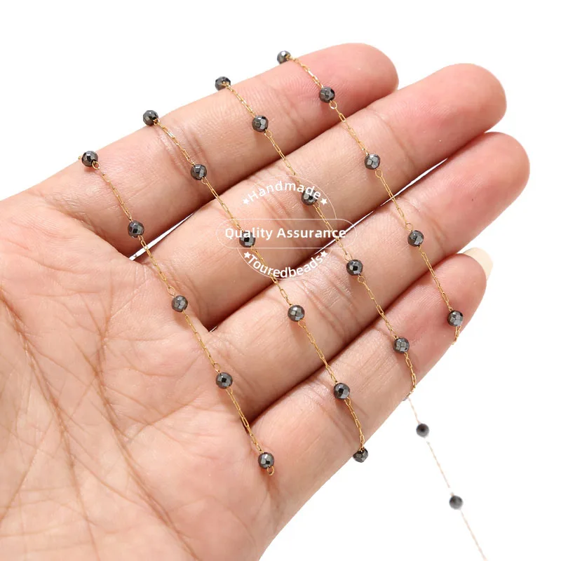 

1M Handmade Faceted Hematite Beading Satellite Chains W/ 3mm Beads Stainless Steel Gold Dainty EyeGlasses Chain Jewelry Making