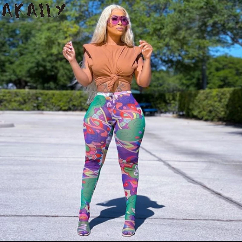 

Akaily Summer Streetwear Mesh Print Long Pants Women See Through High Waist Skinny Trousers Female Patchwork Sweatpants 2021