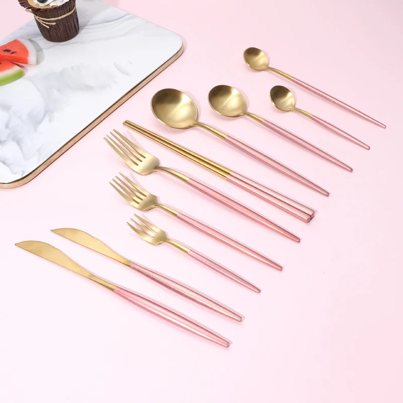 

Matte Pink Gold Cutlery Set 304 Stainless Steel Dinnerware Silverware Flatware Set Dining Knife Fork Spoon Chopsticks Tableware