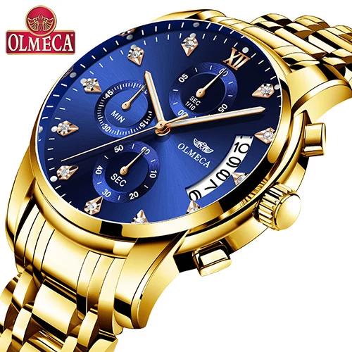 OLMECA Relogio Masculino мужские часы Роскошные спортивные часы 3ATM водонепроницаемые часы с хронографом наручные часы из нержавеющей стали ремешок Saat - Цвет: Gold Blue- A