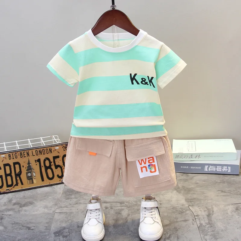 

2021 Casual Children's Suit Short Sleeve Shorts Tee Tops Kids Stripe K K Printing Kawaii Clothes Children Wear Summer Spring