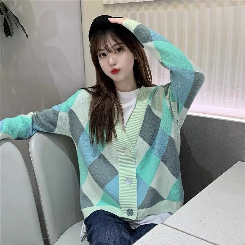 

2021 Single-breasted Women's Sweater Jacket Winter Loose Knit Cardigan V-neck Oversized Diamond High Street Trendy Jacket