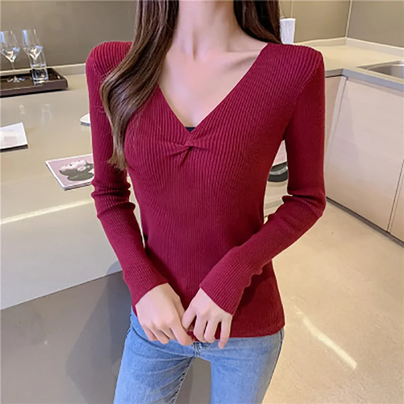 

New autumn decoration body versatile outerwear sweater v-neck blouse long-sleeved blue yellow green sweater for women