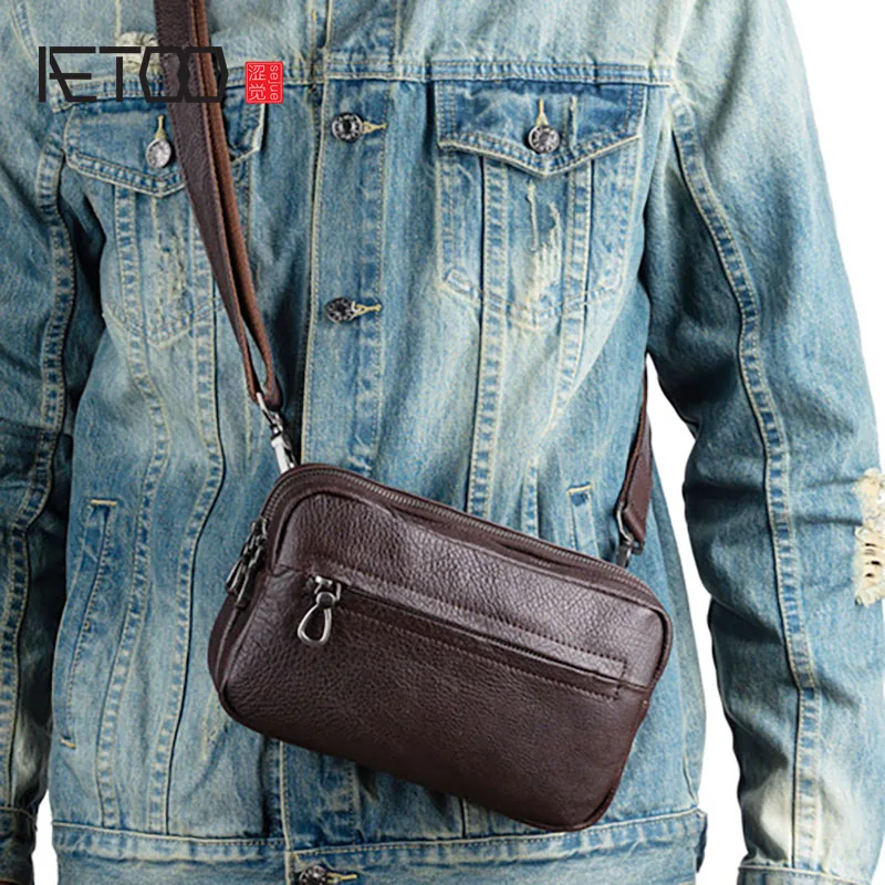 

AETOO Top layer cowhide men's clutch, vegetable tanned cowhide retro diagonal bag, casual men's shoulder bag