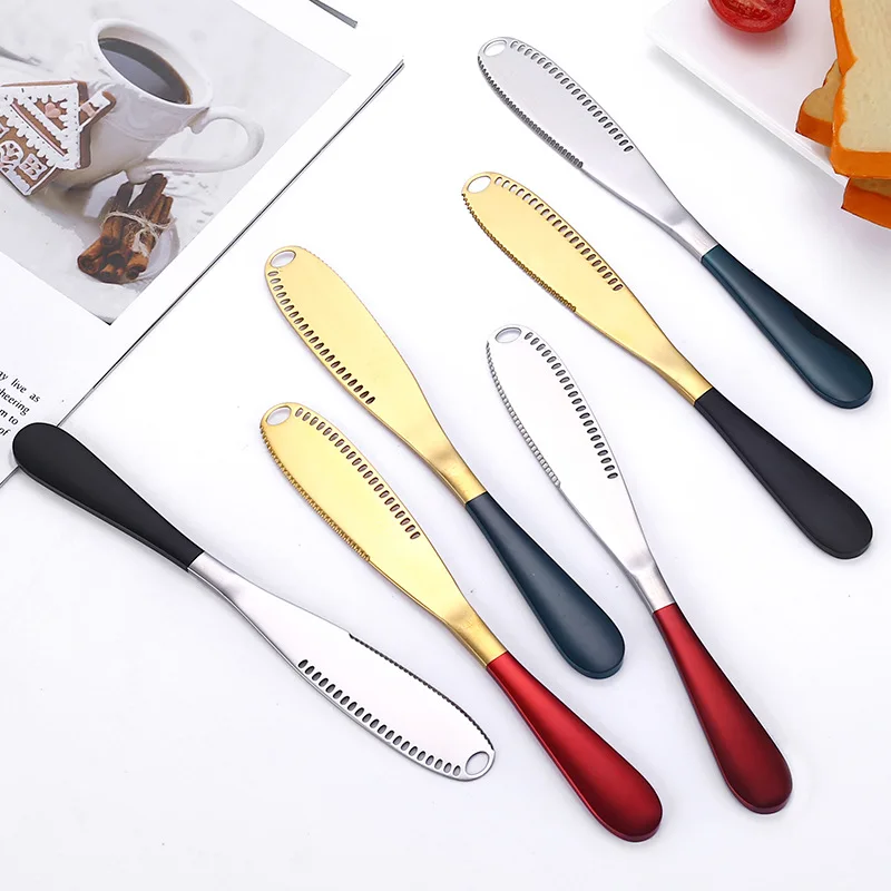 

430 Stainless Cheese Knife Multifunction Butter Knife with Hole Serrated Baking Varnish Bread Cheese Jam Knife Breakfast Tool