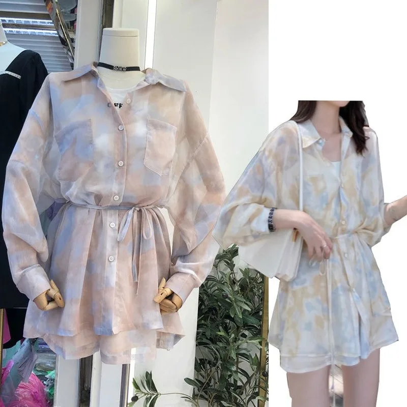 

Summer Long Sleeve Printed Single Breasted Sunscreen Shirt+Wide Leg Shorts Two-piece Set 2020 Loose Top Casual Outfit Womens