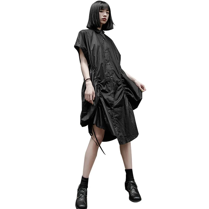 

TVVOVVIN Summer Black Personalized Irregular Dress Japan Style Short Sleeve Fashion Pleated Niche Design Female Dress F164