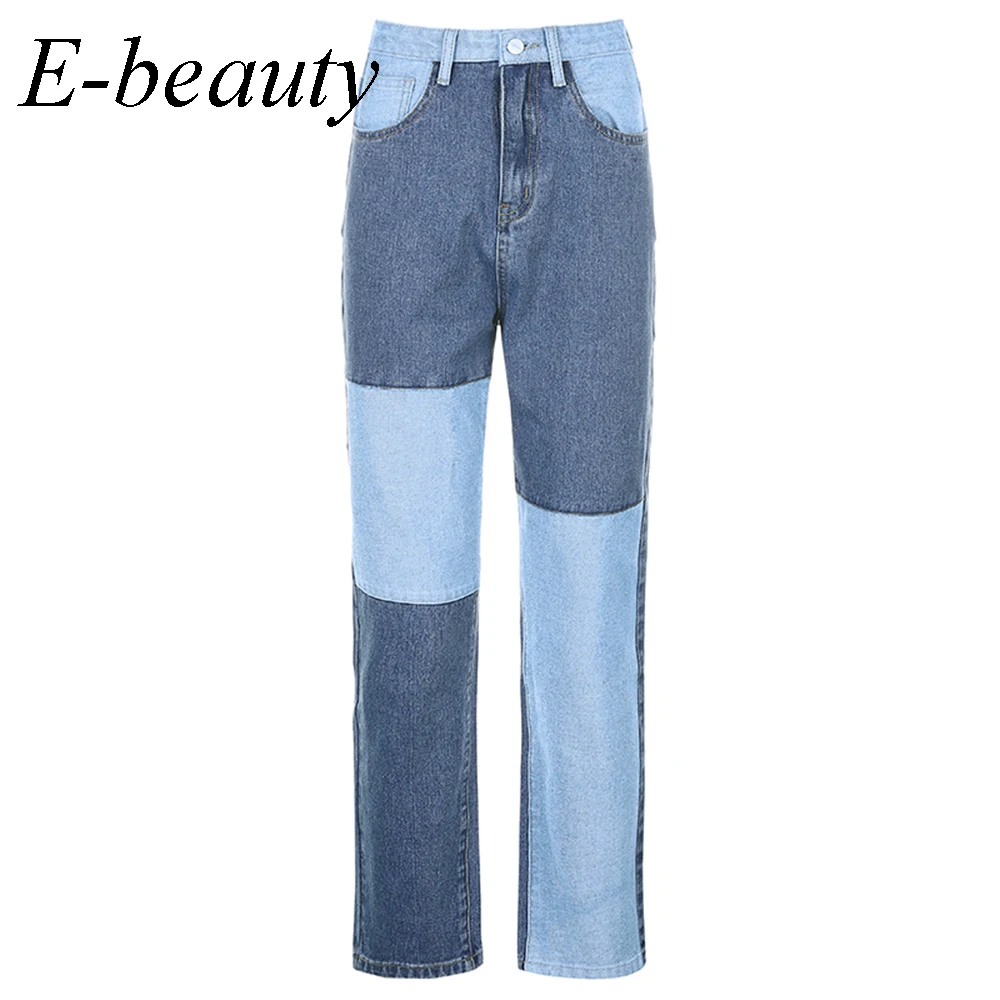 

Patchwork Straight Women's Jeans Baggy Vintage High Waist Boyfriends Mom Y2k Denim Distressed Streetwear 2020 Female Clothing