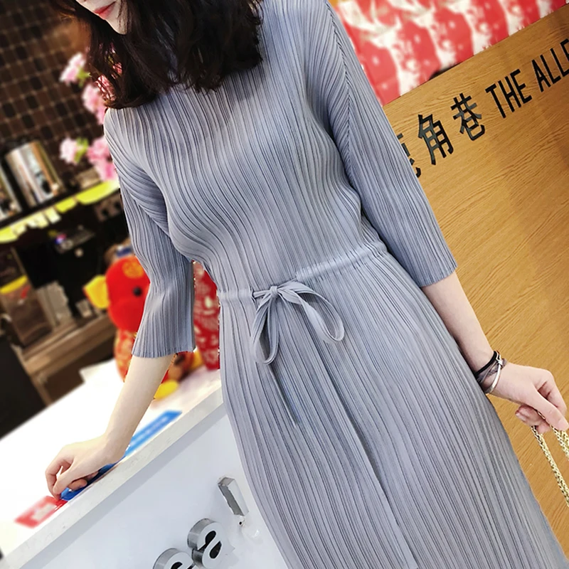 

Miyake pleated dress New spring new Korean style plus size slim Vintage temperament women elegant long Sashes aesthetic dress