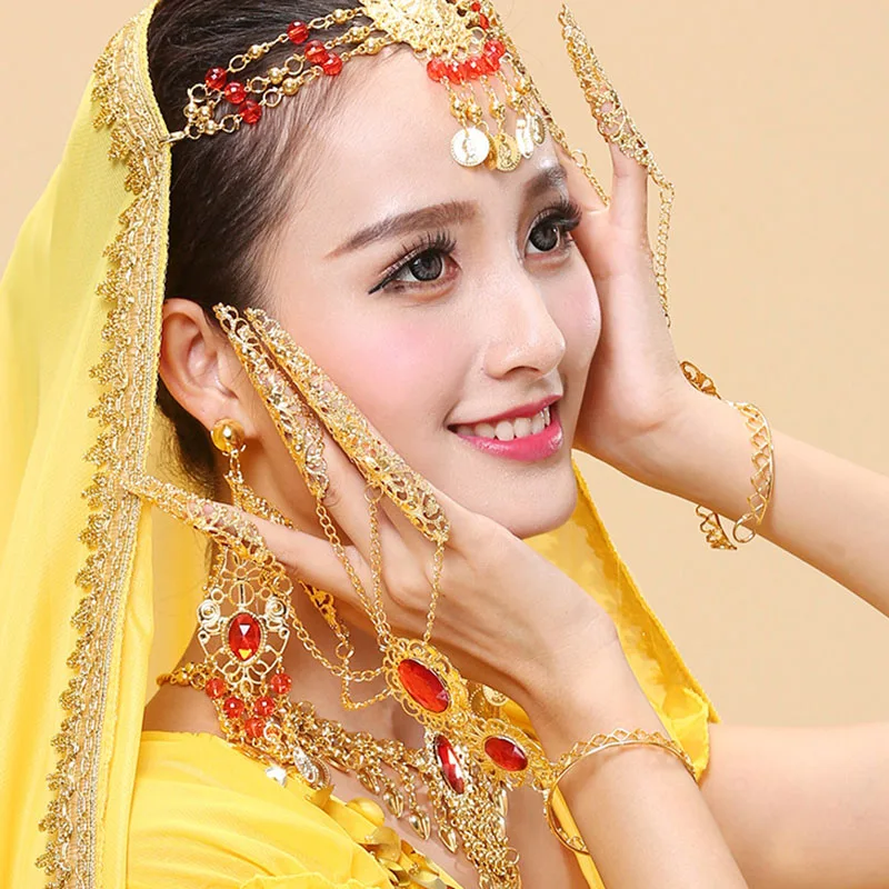 

Fashion Indian Thai Golden Finger Bracelet Shining Red Crystal Girl's Belly Dance Bracelet Jewelry