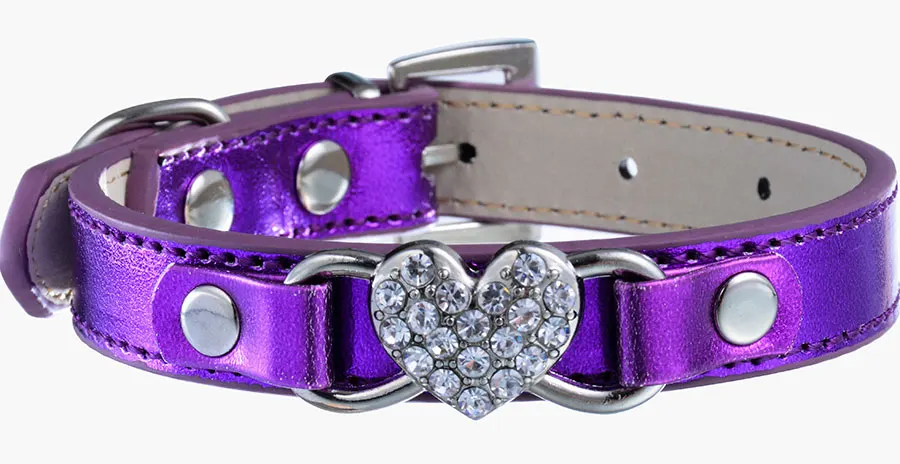 Мода ошейники для собак Малый Товары для собак Bling Стразы сердце кожаный ошейник Pet щенок кошка Средства ухода за кожей шеи ремень 6 Цвета поставки все для собак - Цвет: Фиолетовый