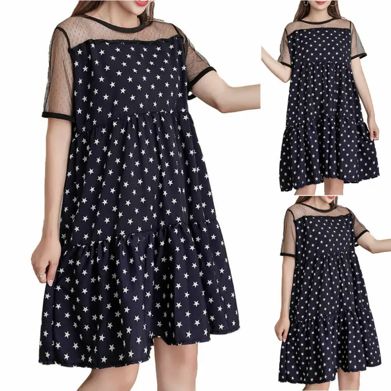 

Women Polka Dot Mesh Short Sleeve T-Shirt Dress Summer Beach Casual Sundress