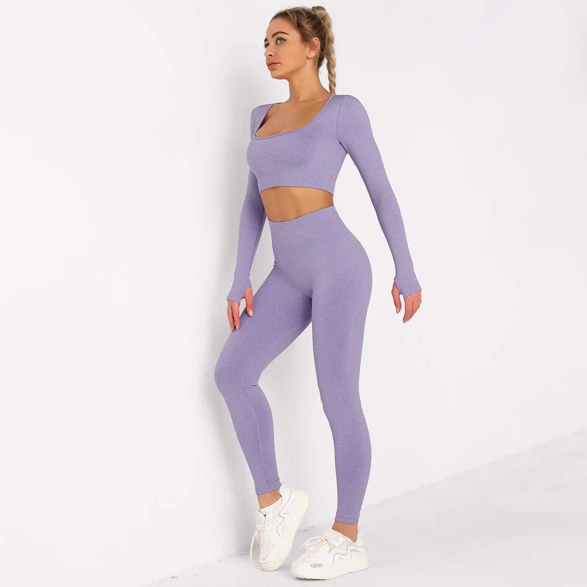 Seamless 2 PCS Yoga Set Long Sleeve Crop Top Leggings Tracksuit Summer Workout Sportswear Fitness GYM Clothes Active Female Suit | Спорт и