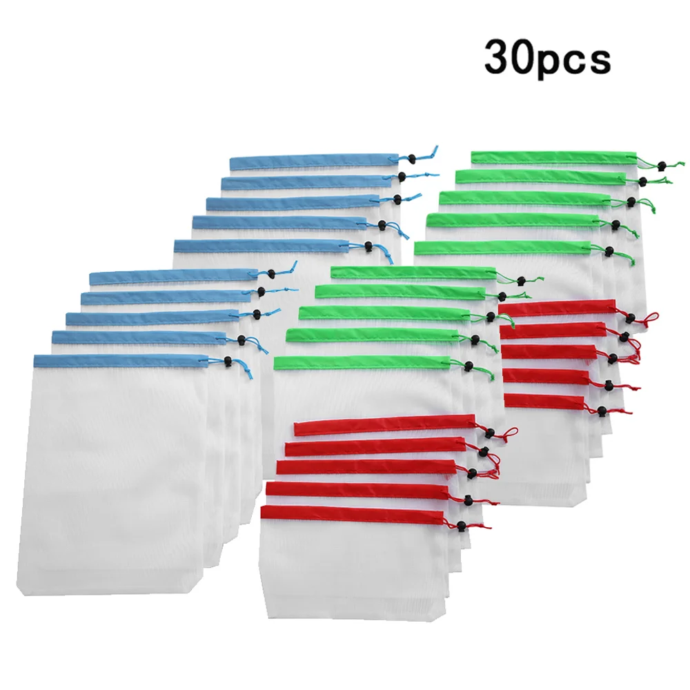 30PCS 15 шт многоразовые сетчатые мешки для производства моющиеся мешки для хранения продуктов для хранения фруктов, овощей, игрушек, органайзер для хранения мелочей - Цвет: 30PCS
