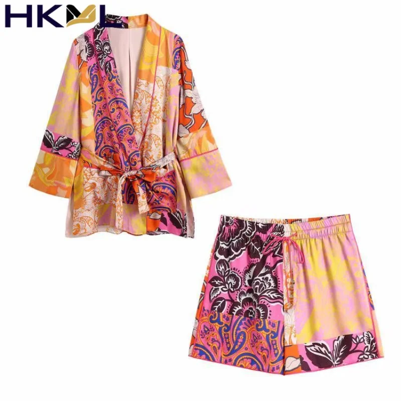

Women Vintage Totem Paisley Shorts Set Patchwork Lace Up Ribbon Print Tops Casual Pantalone Summer