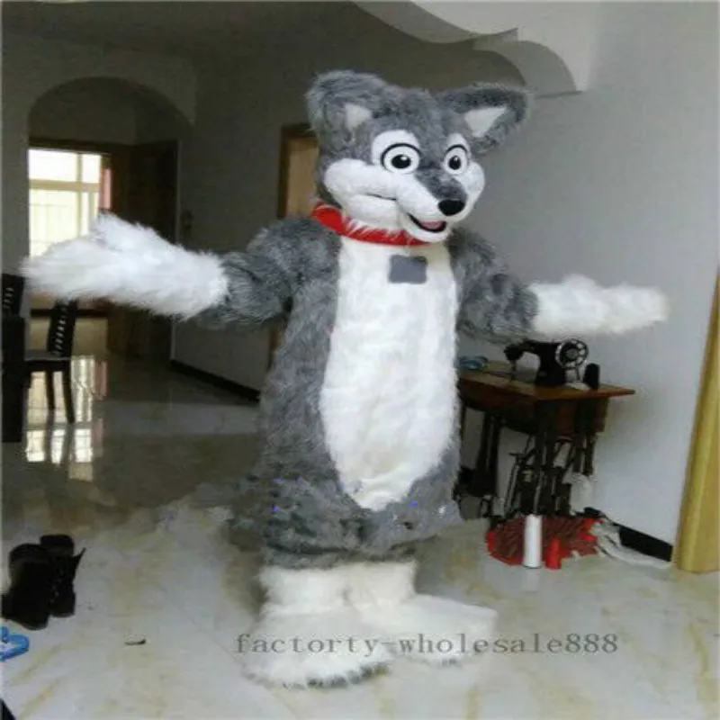 Длинный Fursuit серый хаски собака волк костюм лисы маскота платье на Хэллоуин для