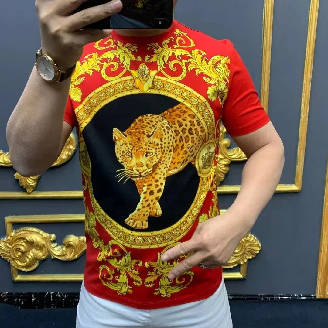 

Летняя роскошная мужская футболка с круглым вырезом и леопардовым принтом