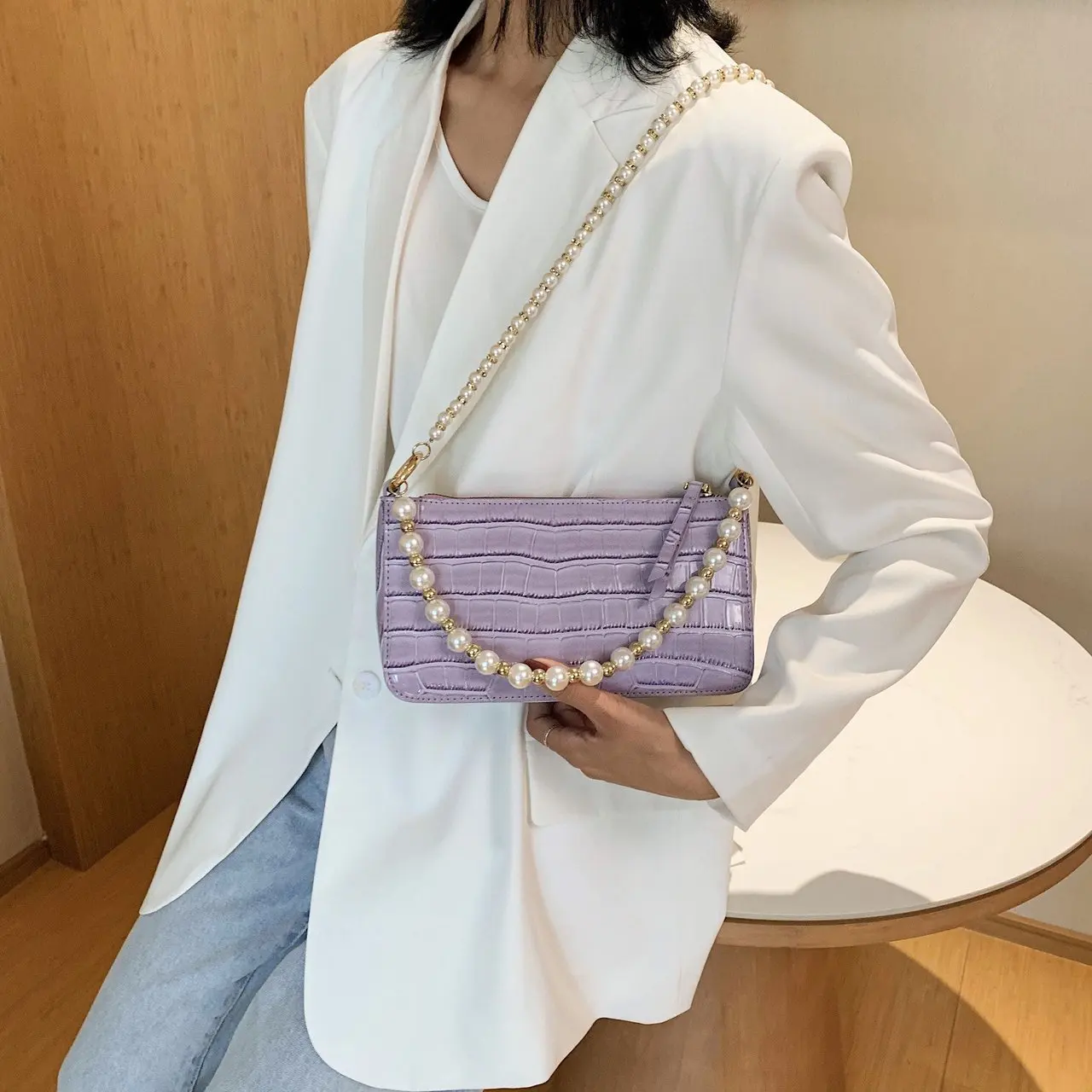 Женские сумки через плечо из искусственной кожи с каменным узором и жемчугом