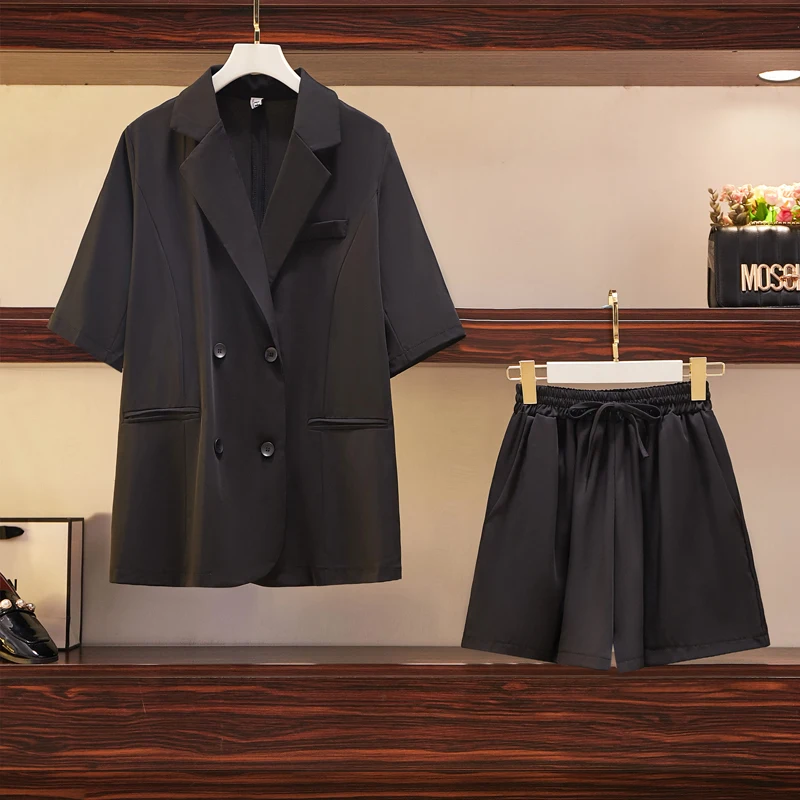 

Office Ladies Plus Size Shorts Set Women Notched Collar White Loose Blazers Coat + Work Elastic Waist Shorts Suit OL 2 Piece Set