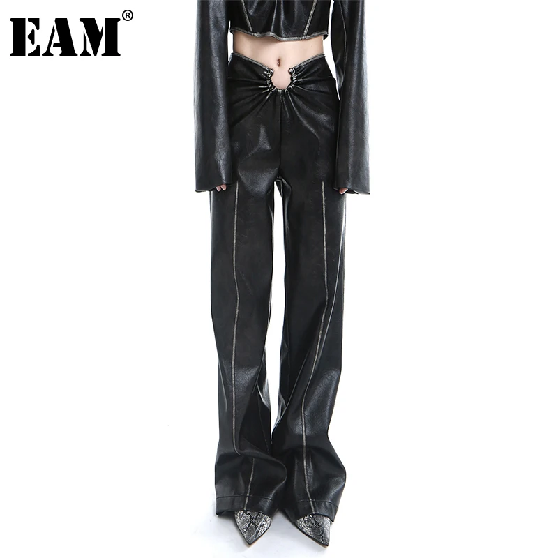 

[EAM] High Waist Black Pu Leather Long Casual Trousers New Loose Fit Pants Women Fashion Tide Spring Autumn 2022 1DE2372