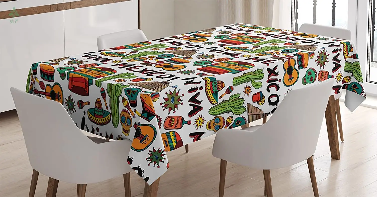 

Viva Mexico With Native Poncho Tequila With Salsa And Hot Peppers Image Rectangular Table Cover For Dining Room Kitchen Decor