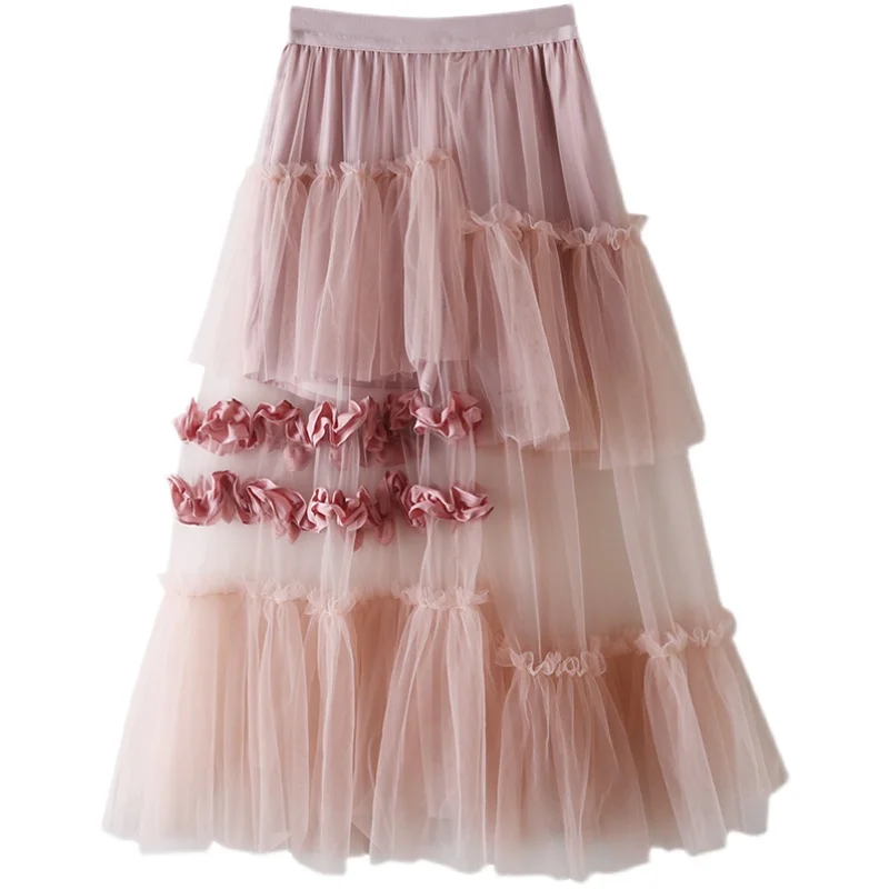 

Fashion Mesh Skirt Woman Summer New Fairy Gauze Skirts with Anti-Exposure Lining High Waist Pleated Jupe Femme 2021 Nancylim