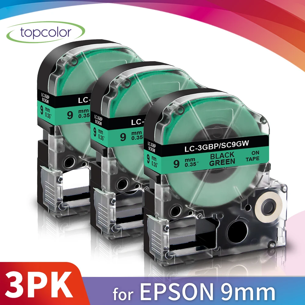 

Topcolor 3PK 9 мм SC9GW запечатанных лент черного, зеленого цвета, Epson совместимый для печати ярлыков KingJim машинка LK-3GBP для машинки для печати ярлыков ...