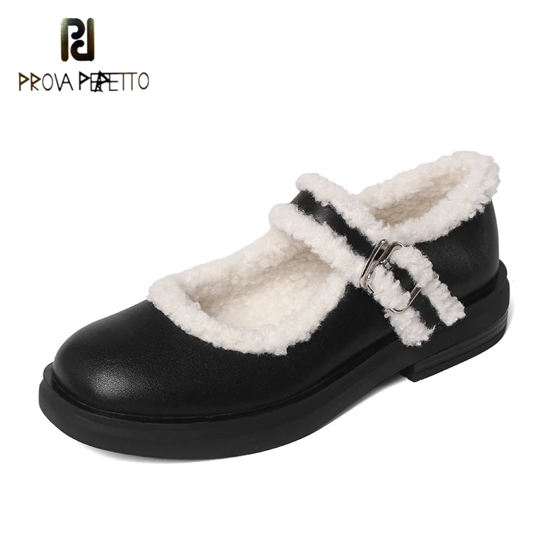 

2021 Autumn and Winter New Retro Round Head Belt Buckle Cute Mary Jane Small Leather Shoes Fur One Shallow Mouth Plush Shoes