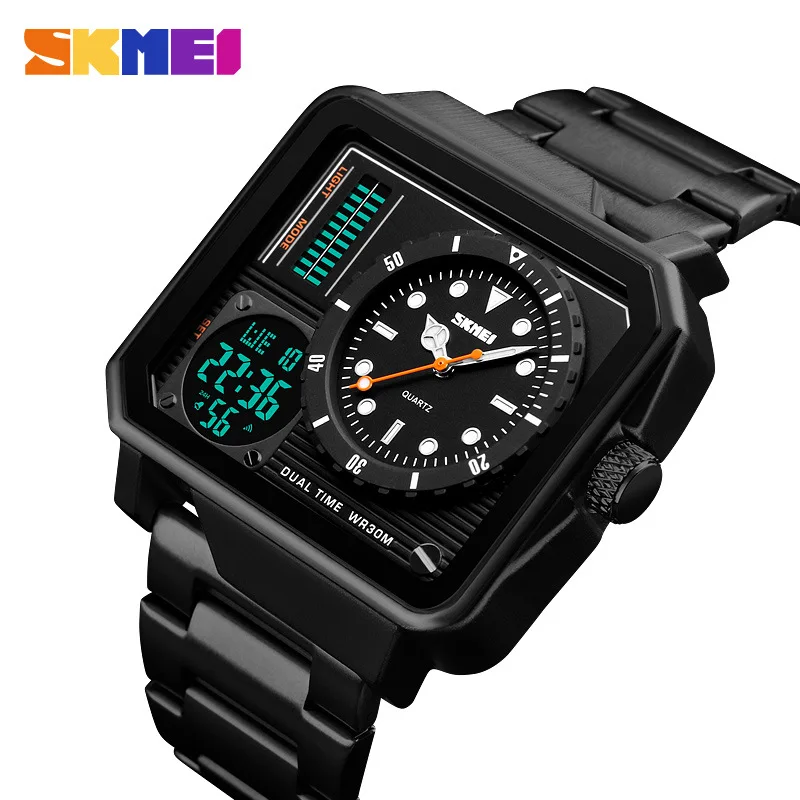 

SKMEI1392 Men's Electronic Shi Ying Dual Movement Steel Belt Watch Luminous Alarm Clock Week Date Display