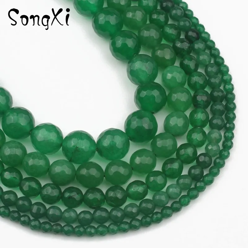 Натуральный граненый Темно-Зеленый Халцедон Круглые бусины для