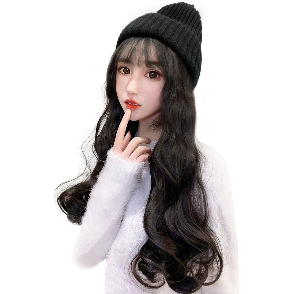 

AOOSOO Long curly hair knitted hat synthetic fiber wig women long hair hooded wig natural fashion net red trend