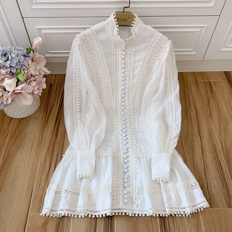 Красный RoosaRosee дизайнер осень Для женщин с модными пуговицами девичьи «кроше» с цветочным рисунком с длинным с рукавом-фонариком, белые платья осень Платья - Цвет: COLOR