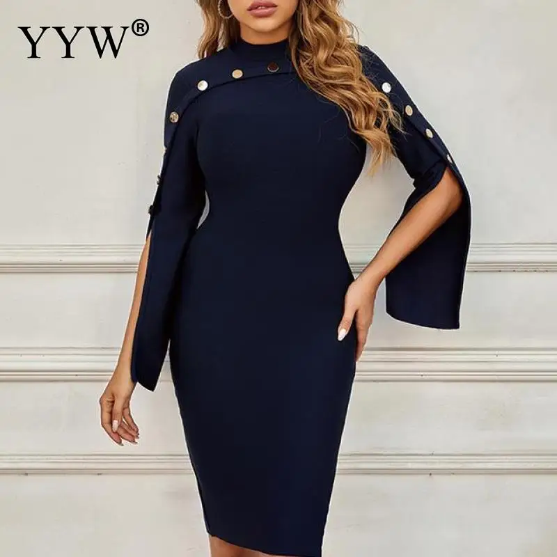 

Rivet Flare Sleeve Short Evening Dress 2021 To The Knee High Neck Dark Blue Spandex Elastic Simple Formal Dresses for Ceremonies