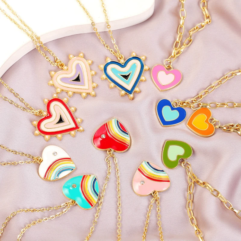 

Enamel Rainbow Heart Pendant Necklaces Wholesale Pearl Pink Blue Y2k Ins Style Ethni Chain Women Jewelry Gift for Lover Friend