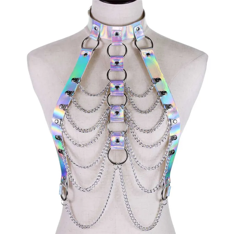 

2020 New Women Harness Bondage Beach Bra Chain Collar Choker Chains Laser Leather Necklace Party Jewelry Statement Necklace