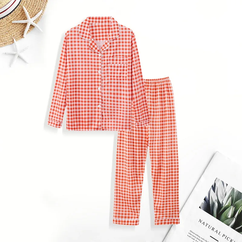 

Sping Pijama Women Pajama Sets Sleepwear Plaid Homewear Suit with Pocket Long Sleeve Pajama Button Top+Pants