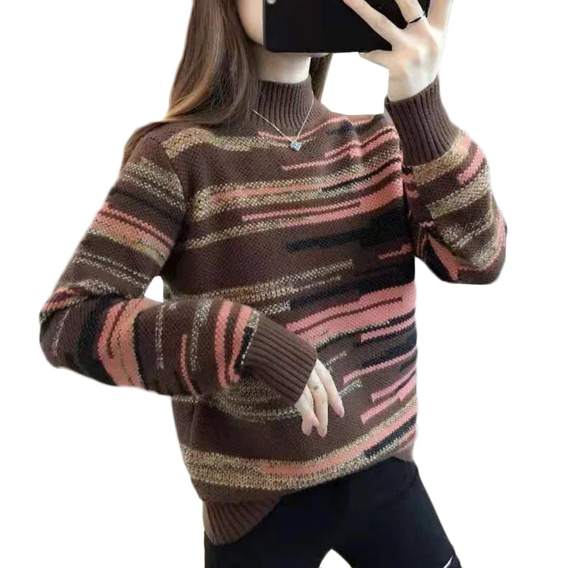 

New Women's Retro Half High Neck Pullover Sweater Autumn Winter Korean Loose Warm Knit Sweater Coat Primer Striped Sweater Tide
