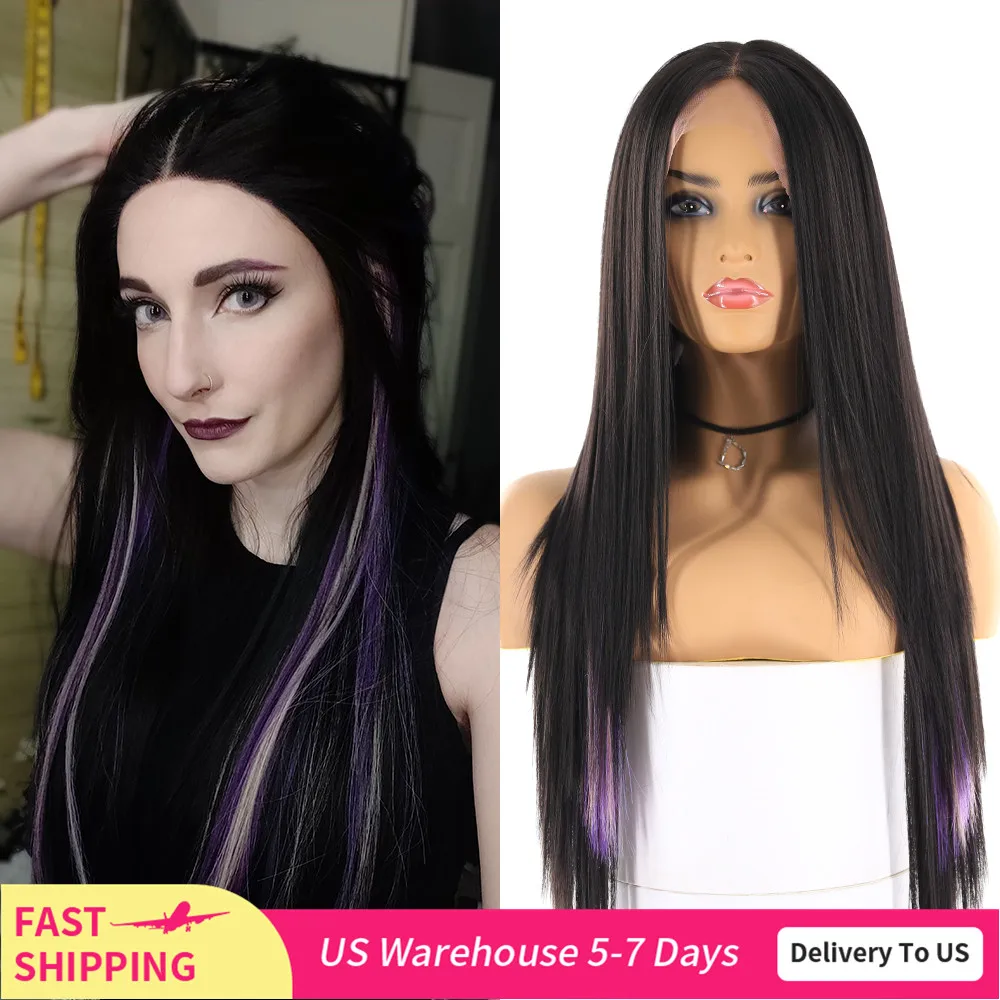 Длинные прямые синтетические женские парики черные фиолетовые яки кружевные