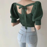 square collar hollow sweaters women lace up chic elegant puff sleeve casual tops korean backless knitted pullovers